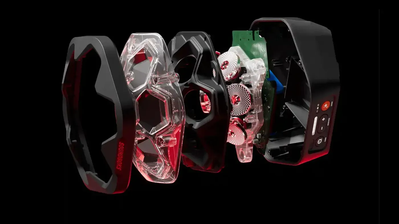 An exploded view of the light. The SOUNDBOKS grill language and TeamID carried into a brand new category.